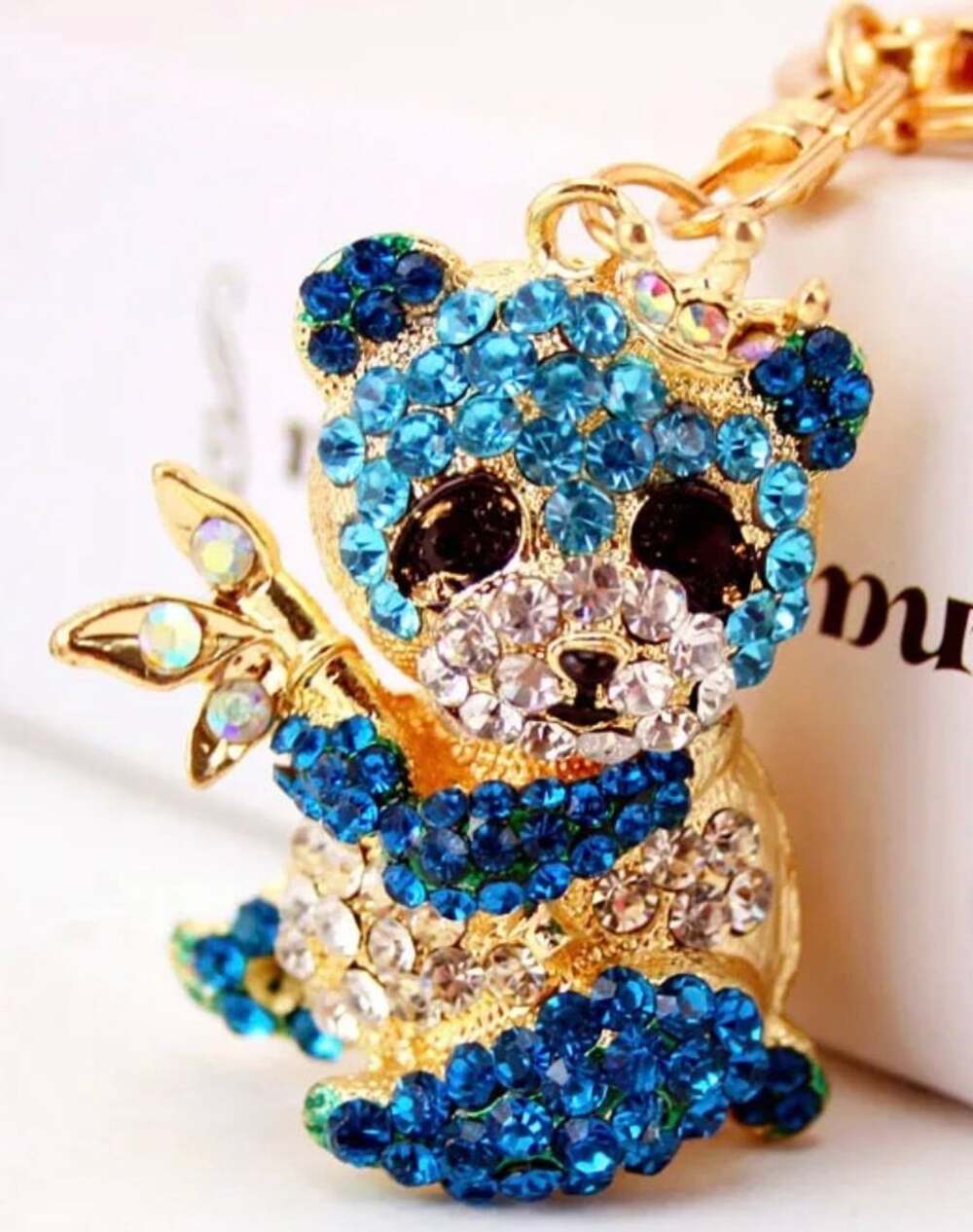 Bling Panda Crown Keychain Sparkling Crystal Rhinestone Blue